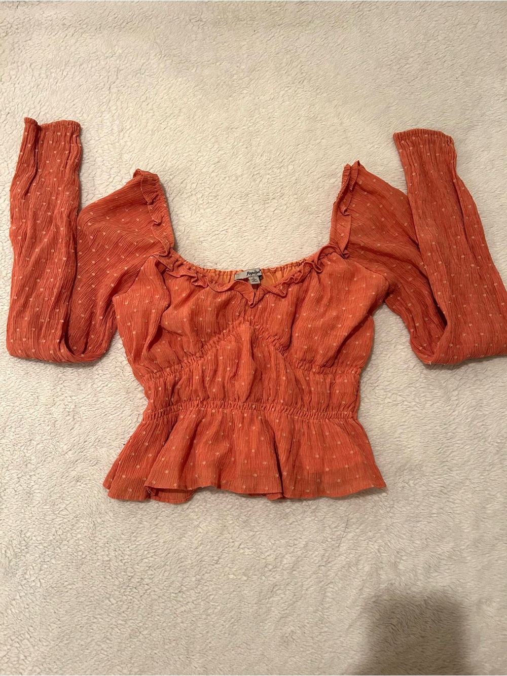 Papaya Rust Orange Smocked Peplum Long Sleeve Blouse